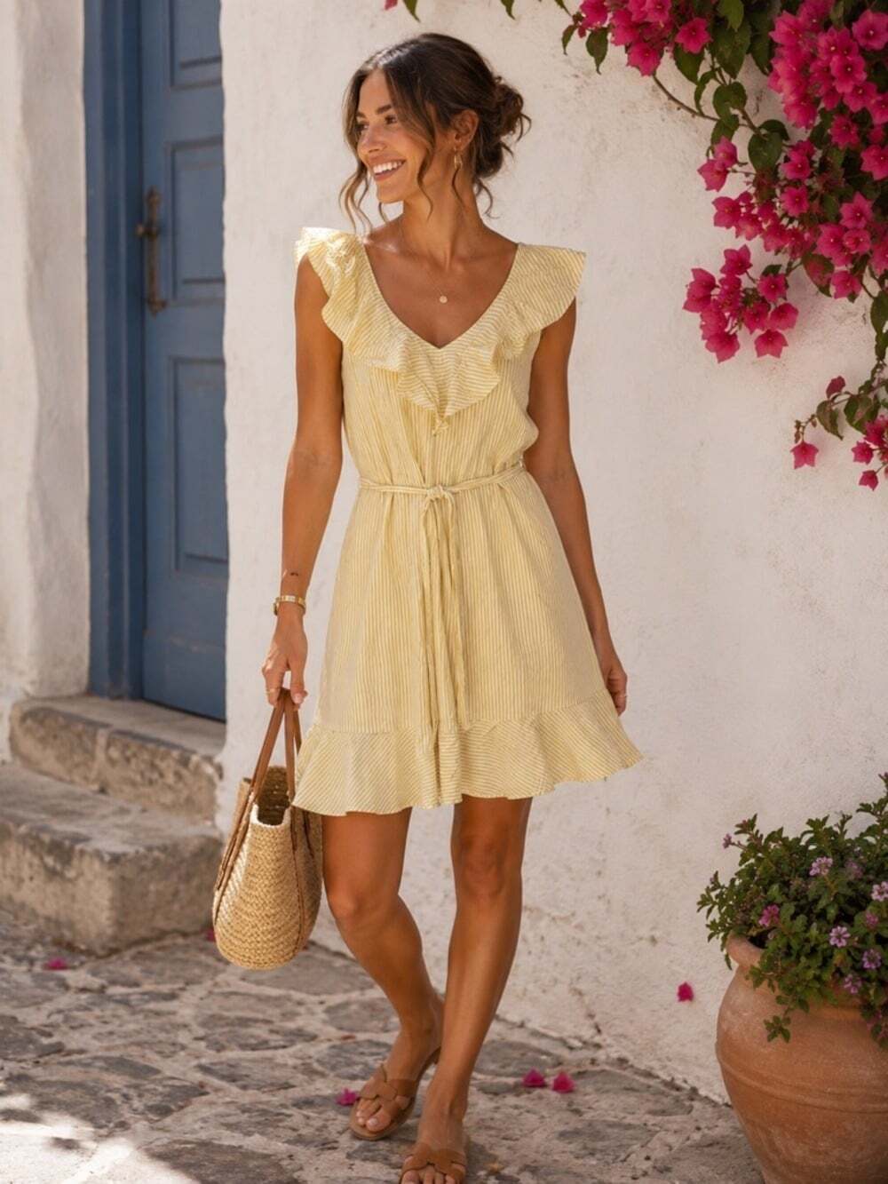RW&Co. White Yellow Striped Ruffled Tue Waist Sleeveless Feminine Summer…